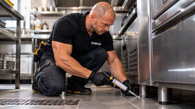 Technicien SANIPURE déposant un gel anti-blattes sous un équipement de cuisine professionnelle