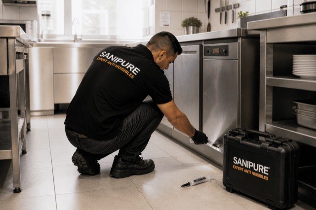 Technicien SANIPURE inspectant une cuisine professionnelle, mallette posée au sol